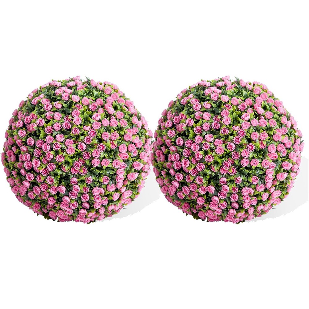 2-Pack Artificial Flower Ball Topiary, UV Resistant, Wedding Garden Decor, Pink