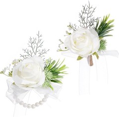 2 Pcs White Corsage and Boutonniere Set Artificial Rose Corsage Writlet Band …