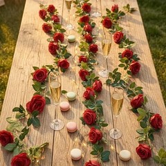 4Pcs (30 FT) Rose Vine – Lifelike Artificial Flower Garland, Silk Rose Red