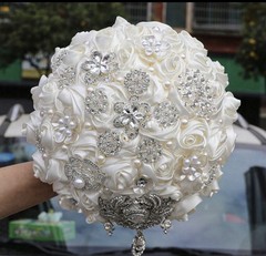 Luxury Satin Rose Crystal Pearl Rhinestone Wedding Bridal Keepsake Bouquet