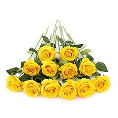 12 PCS Artificial Flowers Roses Silk Flowers Fake Long Stem Artificial Yellow