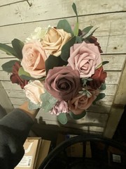 Dusty Pink and Burgundy Wedding Bouquet with matching boutonnière