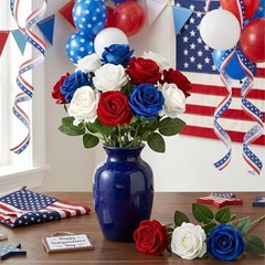 14PCS Red White Blue Artificial Roses, Patriotic Velvet Silk Fake Roses Flowers
