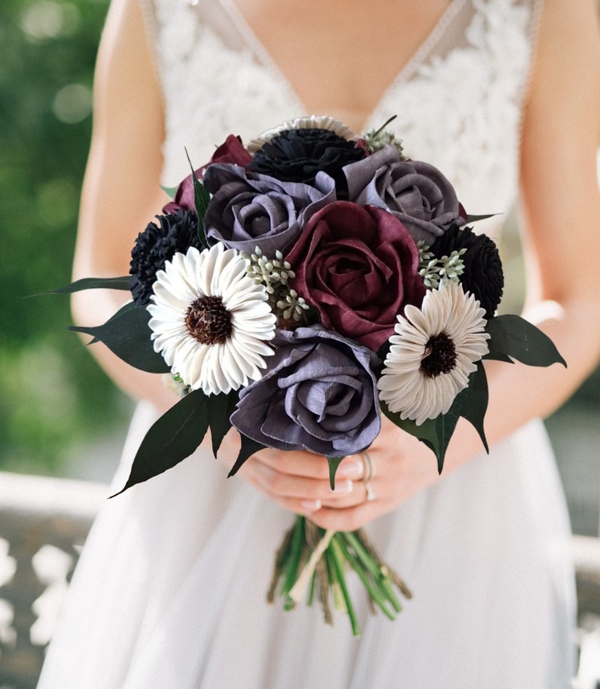 Burgundy & Black Sola Wood Flower Bouquet Bridesmaid Wedding Flowers