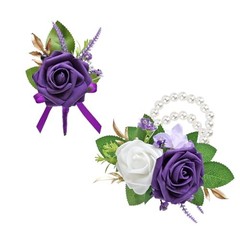 2Pcs Corsage and Boutonniere Set,Artificial Foam Rose,Groom Dark Purple