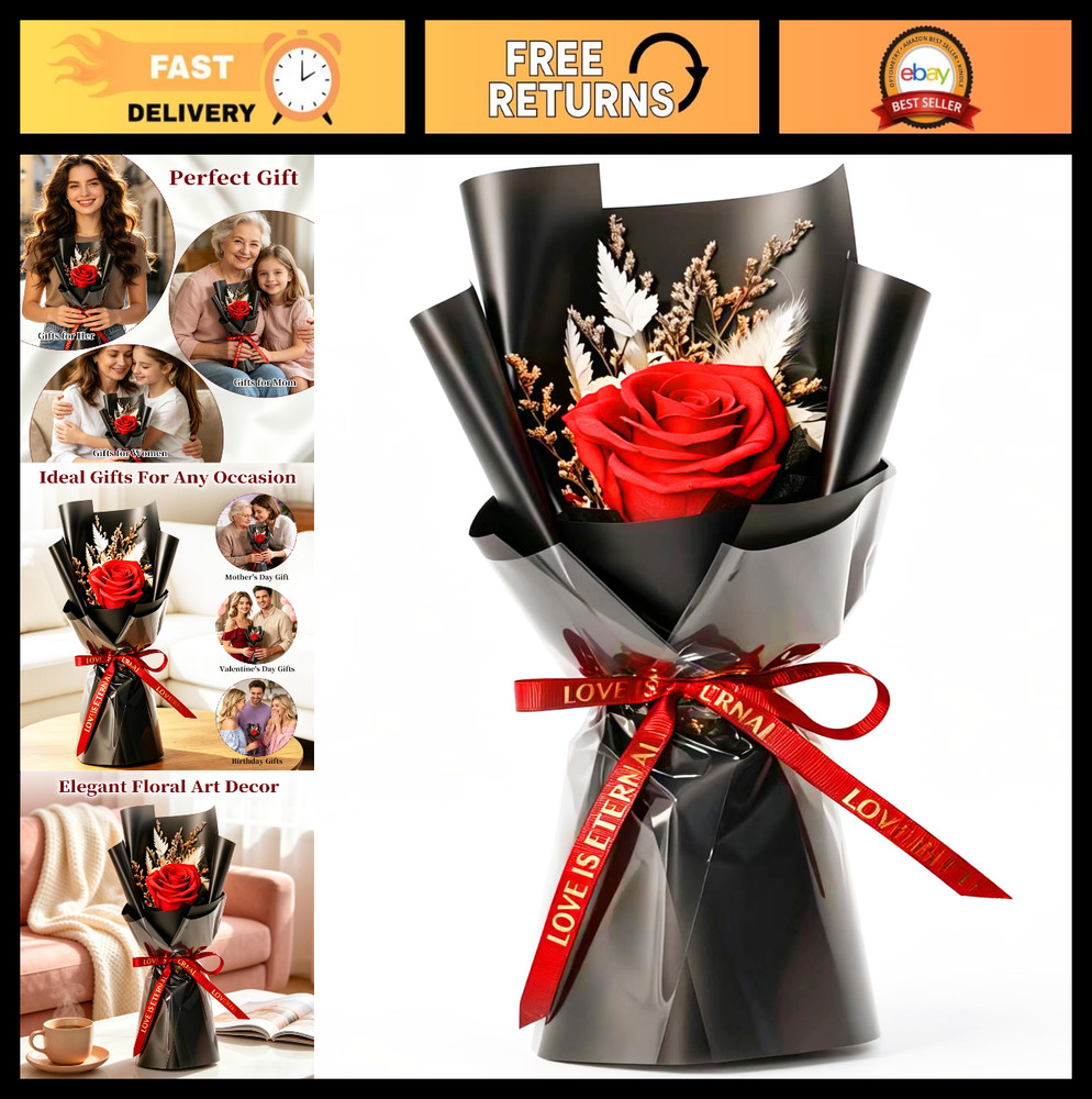 Preserved Red Rose Bouquet – Real Flowers for Delivery, Perfect Gift for Women,