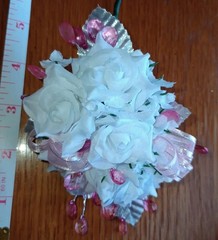 NEW 5″ Artificial White Rose Wrist Corsage Pink Plastic Gems, Silver Leaves