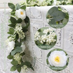 MAKHOT 2Pack White 6.6 Ft Eucalyptus Garland with Lovely Faux Rose Flowers, A…