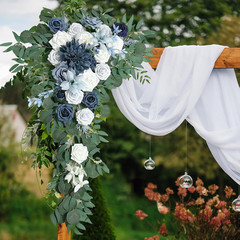Dusty Blue Wedding Arch Flowers Kit with Draping Fabric – 4 Pcs Set