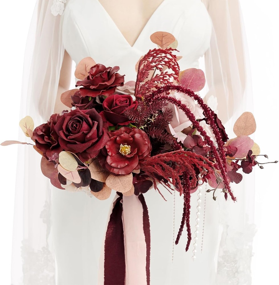 Ling’s Moment 11″ Black and Dusty Rose Wedding Bouquets for Bride – NO RIBBON