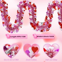 50FT Valentines Heart Tinsel Red Pink White Hearts, Hearts