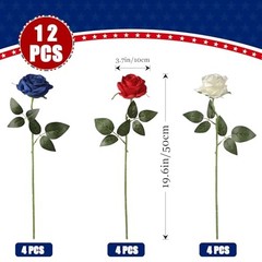 12PCS Artificial Silk Flowers Realistic Roses 12Pcs Flowers Red, White, Blue