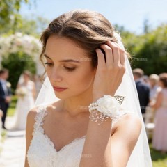 Adjustable White Silk Rose Wrist Corsage 2 Pack with Pearl Bead for Bridesmaids
