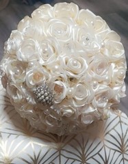 Elegant Handmade Cream White Wedding Bouquet with Pearls, Ribbons & Accessories