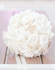 Brooch Bridal Bouquet with Ivory Hydrangea, Satin Rose, burlap, lace, and pearls