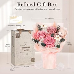 Preserved Flowers Bouquet with Bear, 3 Real Forever for Pink