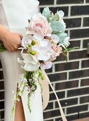 Soft pink & white rose, orchid & lily Wedding Waterfall Bouquet in real touch