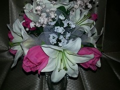 Wedding 2 pc bridal bouquet ivory lily hot pink roses lily of the valley & bout