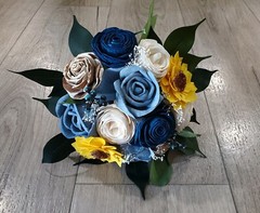 Dusty Blue Navy Sunflower Sola Wood Cascade Bridal Bouquet & Wedding Flowers