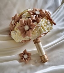 Bridal Bouquets Cream, Tan Satin Ribbon Roses, Crystal Brooches, Buttonhole…