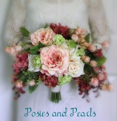 Silk Flower Cascade BRIDAL BOUQUET Pink Mauve Roses Dahlia Wisteria Eucalyptus