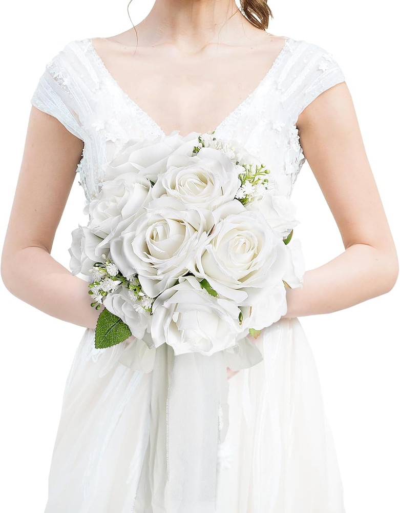 Wedding Bouquet for Bride – Premade Simple Artificial Roses Flowers for Bridal S