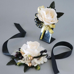 Ivory Rose and Black Wrist Corsage and Boutonniere Set for Wedding Flower Access