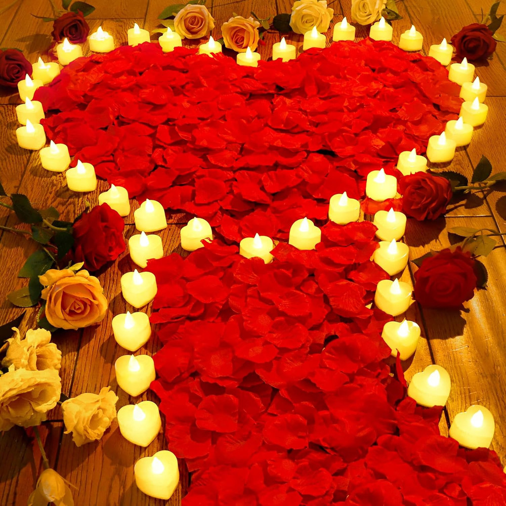 7000 Pieces Artificial Rose Petals with 72 Pieces Romantic Heart Led Tealight Ca