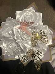 Homemade 7 Ribbon Rose Flower Bouquet In White With Pink And Golden Butterfly’s