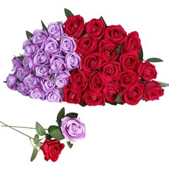 40 PCS Artificial Flowers Fake Roses with Long Stem Realistic Rose+purple