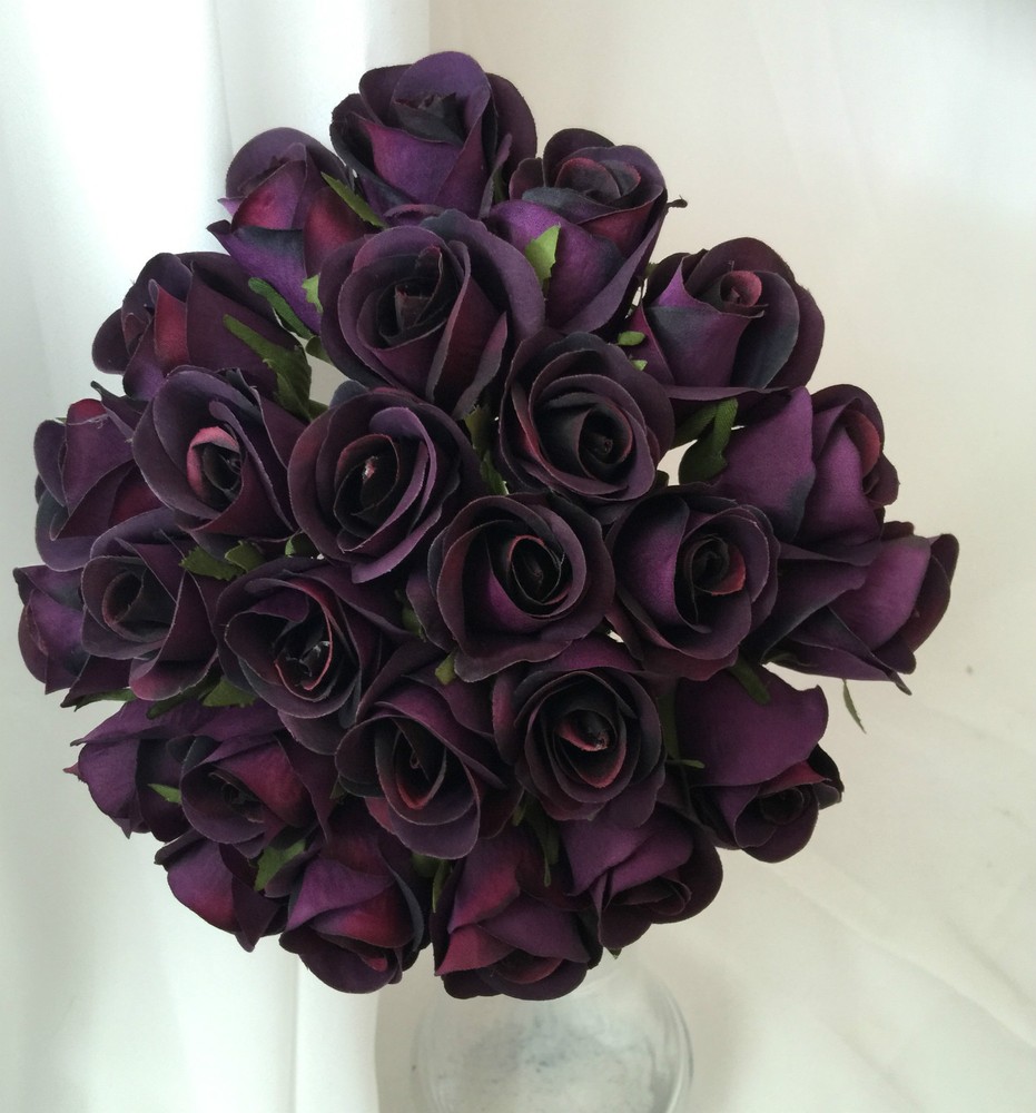 Silk Artificial Eggplant Aubergine Purple Rose Roses Wedding Bouquet flowers