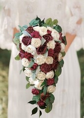 Burgundy Ivory White Bridal Bouquet Sola Wood Cascade Artificial Wedding Flowers
