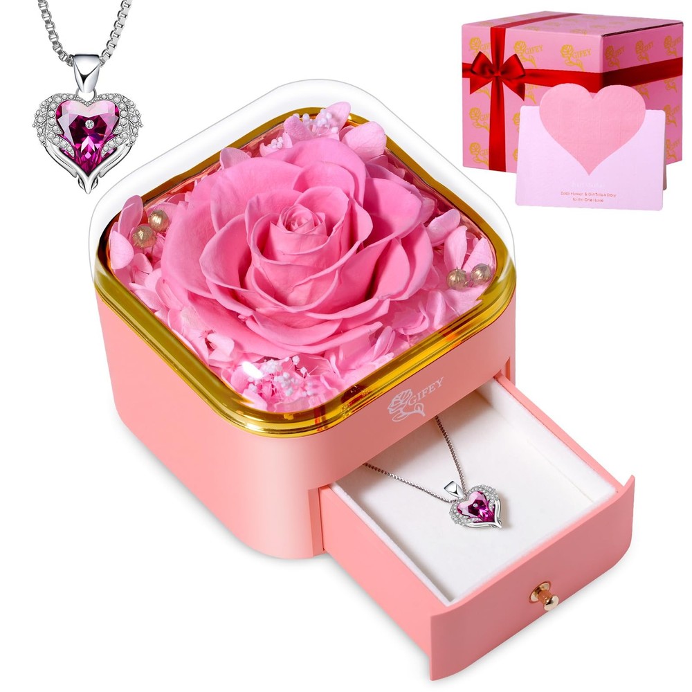 Valentines Day Gifts for Her,Preserved Rose with Necklace Forever Pink