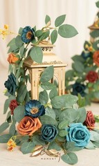 Ling’s Moment 2FT Teal & Terracotta Flowers Garland, 2PCS Sign Flowers