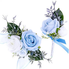 6.3 In. H Blue Corsage and Boutonniere Set for Weddings, Proms, and Parties