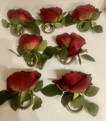 7 Burgundy Red Napkin Candle Rings Silk Roses Wedding Party Flowers Centerpiece