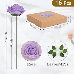Artificial Flowers Fake Roses with Stems Boxed Foam Roses for DIY 16Pcs Purple