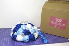 8″ Wedding Bouquet Royal Blue & White Artificial Closed Roses with Rhinestones