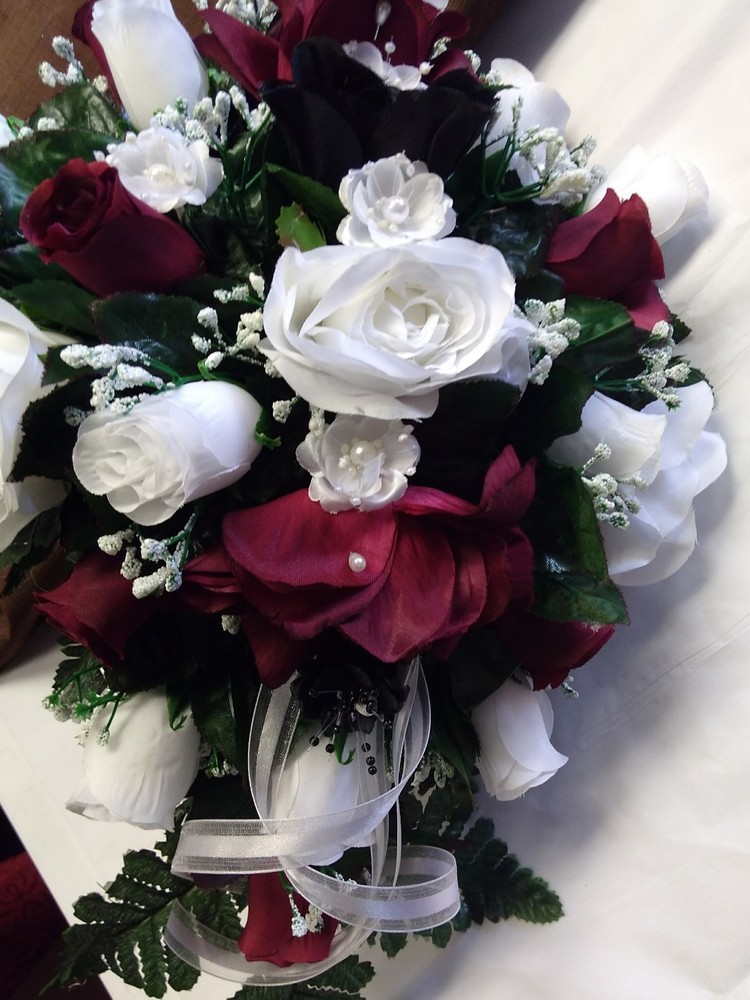 LARGE WEDDING BOUQUET WHITE & BURGUNDY 1 BOUTIONEER & 2 ATTENDANT BOUQUETS