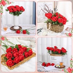 24 Pcs Rose Artificial Flowers with Long Stem Real Touch Silk Plastic Red