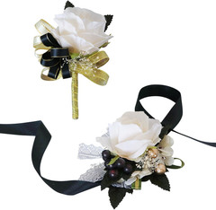 Ivory Rose and Black Wrist Corsage and Boutonniere Set for Wedding Flower Access