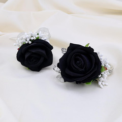2Pcs Black Rose Corsage and Men Boutonniere Set Women Wristlet Band Wrist Bracel