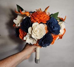 Orange Navy Blue Ivory Rose Calla Lily Sola Wood Bridal Wedding Bouquet Accessor
