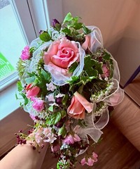 Handmade Vintage 1990s Pink, Mauve, White, Plum Wedding Bouquet w/ Boutonnieres