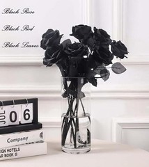 12 PCS Artificial Flowers Black Roses – Fake Silk Flower Long Stem – Solid Black