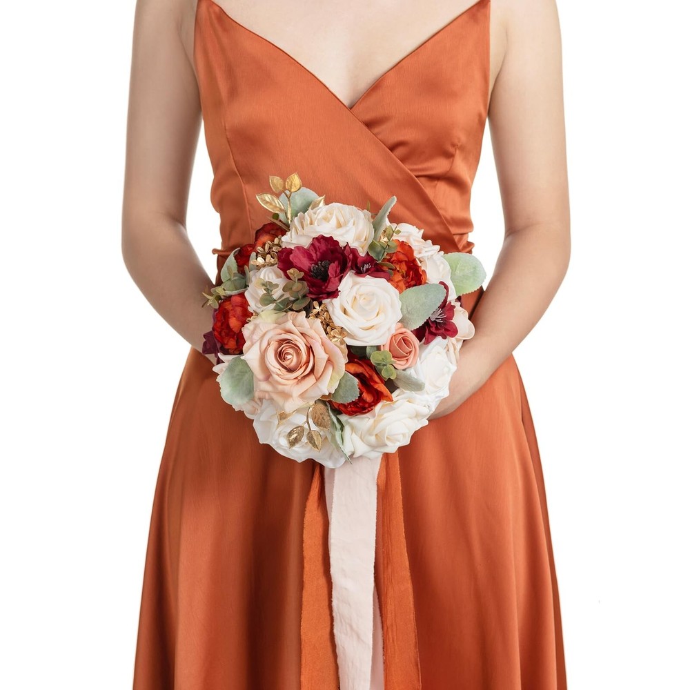 Ling’s Moment Terracotta Bridal Bouquet for Bride, Burnt Orange Wedding Bouqu…