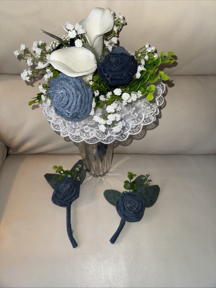 Forever Denim Rose Bridal Bouquet Corsage Boutonnière Wedding Anniversary