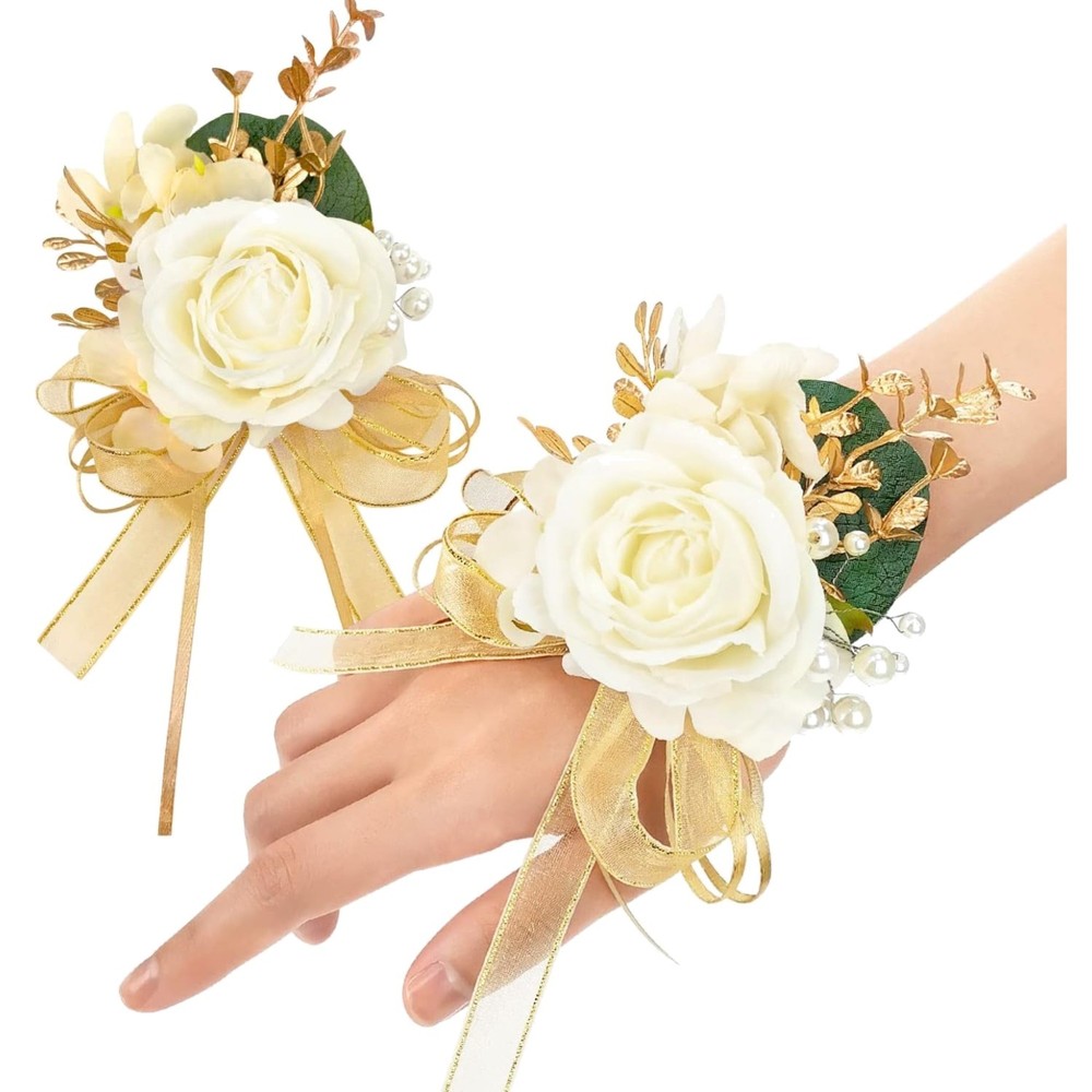 Ivory Rose Wrist Corsage Wristlet Band Bracelet and Boutonniere Set for Men W…