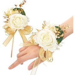 Ivory Rose Wrist Corsage Wristlet Band Bracelet and Boutonniere Set for Men W…