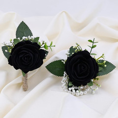 2Pcs Black Rose Corsage and Men Boutonniere Set, Wrist Band Bracelets, for Weddi